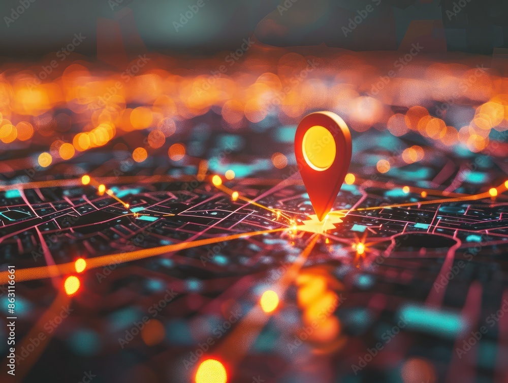 Poster digital gps location on map with pin route path concept. ai generated image