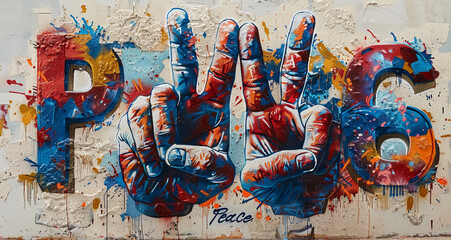 Fototapeta premium Graffiti art of hand symbols for peace painted on a colorful wall, modern artwork, street art 