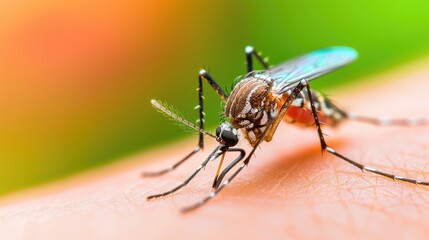 Close-up of a mosquito on human skin with vibrant background. Macro photography showcasing insect detail and texture, ideal for health and nature topics.