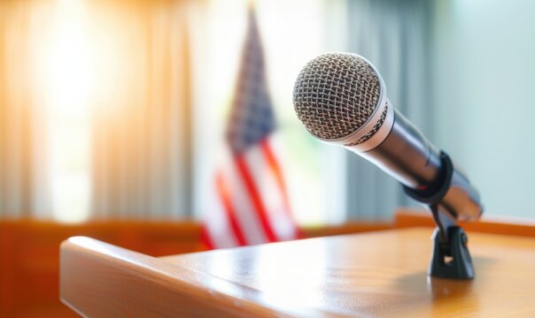 Close-up of a microphone on a podium with an American flag in the background, ideal for political, educational, or public speaking contexts.