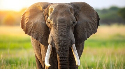 Close-up of an African elephant standing in a green field during sunset, showcasing its majestic tusks and wrinkled skin. © Autaporn