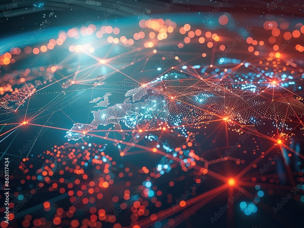 Poster global network connection. big data analytics and business concept, world map point and line composi