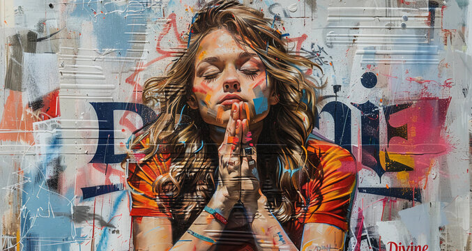 Graffiti image of a modern lady praying with her eyes closed on a colorful backwall of the city streets with "Divine" behind her, Concept of communicating a message with modern art 