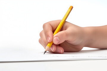 In the image, a hand delicately grips a sharpened pencil poised above a blank sheet of paper