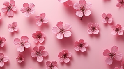 Fototapeta premium A collection of pink cherry blossoms arranged on a pastel pink background. The soft hues and delicate petals create a serene and romantic image
