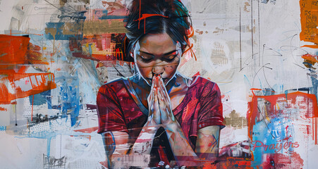 Graffiti image of a young lady praying with her eyes closed on a colorful backwall of the city streets with "Prayers" written next to her, Concept of communicating a message with modern art 