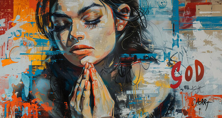 Graffiti image of a young lady praying with her eyes closed on a colorful backwall of the city streets with "God" written next to her, Concept of communicating a message with modern art 
