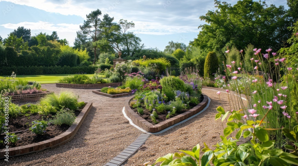 Poster a garden with a path and a brick border
