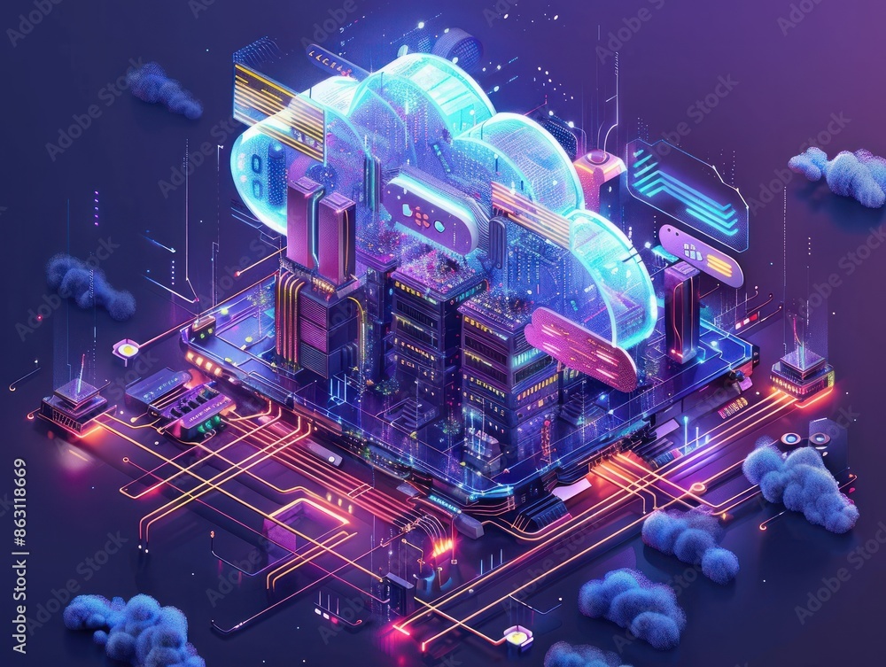 Poster isometric cloud storage for downloading, representing a digital service or application facilitating 