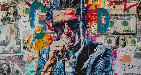 Graffiti image of a young guy with glasses on a colorful backwall of the city streets with "Greed" written next to him, Concept of communicating a message with modern art 