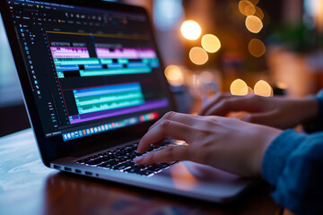 In the dimly lit room, a person sits engrossed at a cluttered desk, their fingers dancing across the keyboard of a sleek laptop. 