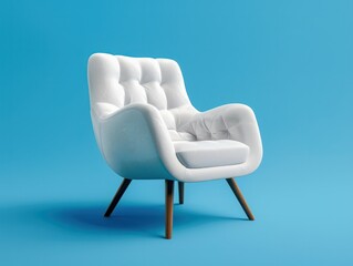 Modern white velour chair on wooden legs isolated on blue background copy space. AI generated image