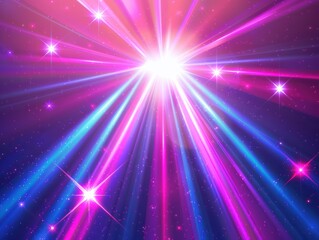 Naklejka premium Neon Blue pink violet stage lighting illuminated, lens flare effect, shining star rays.AI generated