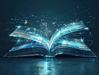 Open book modern digital book for learning in digital futuristic style. AI generated image