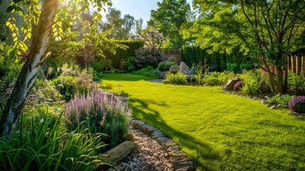 Obraz premium A lush green garden with a path lined with flowers and rocks