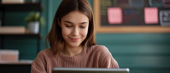 Teacher sitting by a window, crafting engaging lesson plans on a digital tablet, sunlit classroom, educational charts and a chalkboard behind, realistic, high clarity