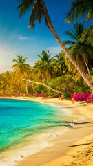 Fototapeta premium Summer beach scene with a wooden bridge, vibrant flowers lining the path