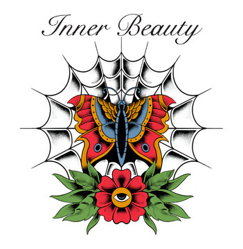 Spiderweb With Butterflies Inside and Flower Vintage Illustration