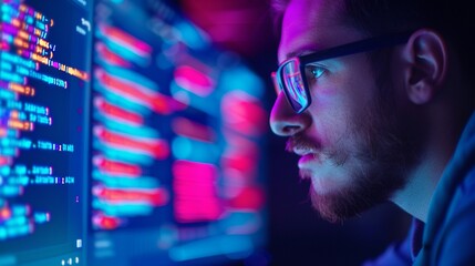 Futuristic coder analyzing and debugging code using a virtual holographic display, data flow and error highlights, modern tech hub, neon accents, sharp detail