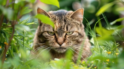 Obraz premium Unhappy Tabby Cat in White Garden Settings