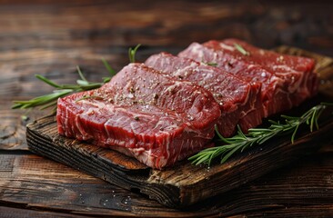 Fototapeta premium Steaming Fresh Raw Beef Steaks on Rustic Wooden Cutting Board With Rosemary and Peppercorns