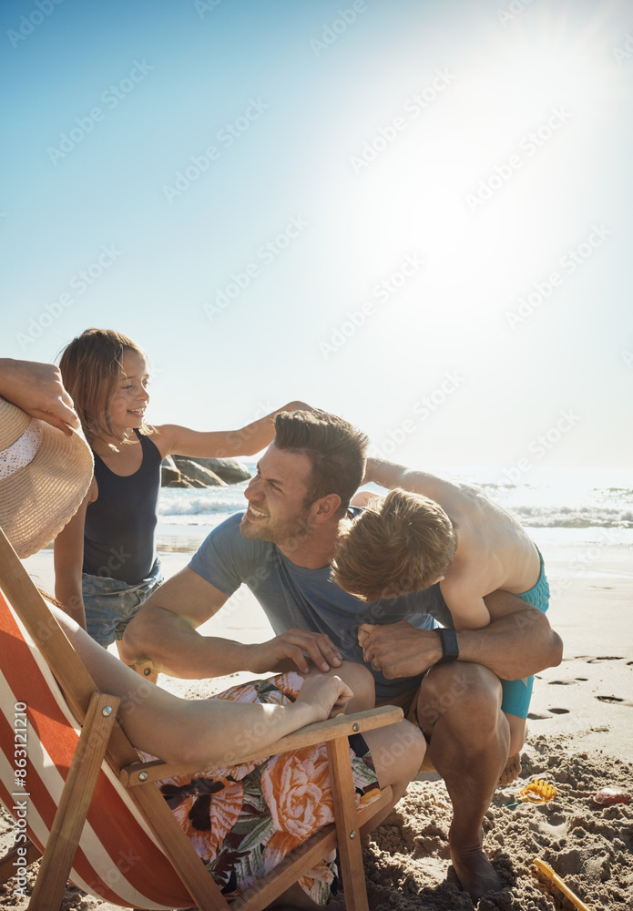 Poster Family, beach and parents with kids, fun and bonding together with vacation, active and ocean. Seaside, mother and father with children, travel and adventure with holiday, getaway trip and relax