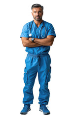 Naklejka premium Confident Male Nurse in Blue Scrubs with Stethoscope, Arms Crossed, and Determined Expression.