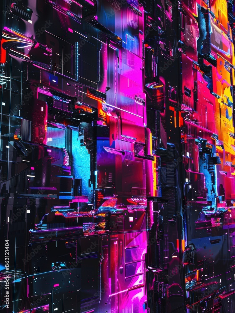 Poster abstract digital tech composition with vibrant neon colors, intricate patterns, and futuristic eleme