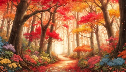 An autumn forest scene with trees adorned in a kaleidoscope of red, orange, and gold leaves