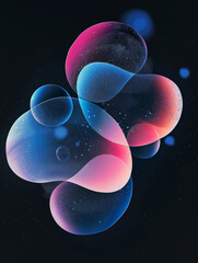 Holographic blob shapes inspired by biology objects flying on black background. Abstract stuff.