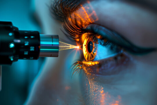 Close-up photo of a patients eye during laser eye surgery, showing a laser beam directed towards the eye
