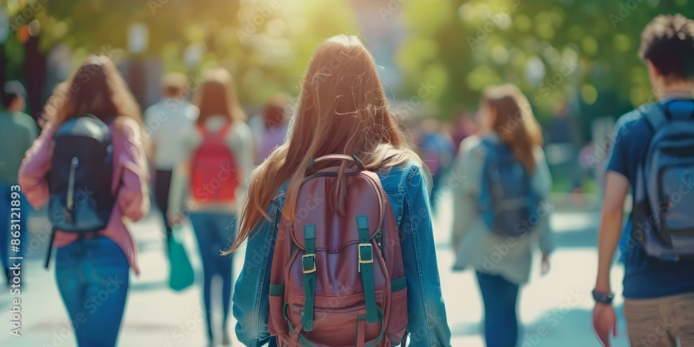 Poster blurred background of students walking to class in university or college setting. concept campus lif