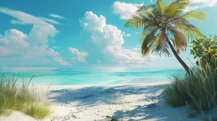 Tropical Paradise BeachPalm Tree and White Sand on Sunlit Day