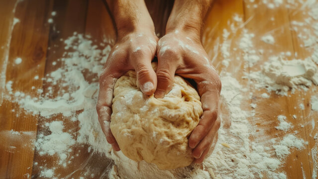 Hands kneading dough on a floured wooden surface. The image captures the essence of baking and craftsmanship