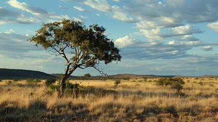 A photo of an outback tree in the Australian Outback, with sparse grasses and small bushes around it, taken during daylight hours with a cloudy sky. In the background are vast flat plains with low hil