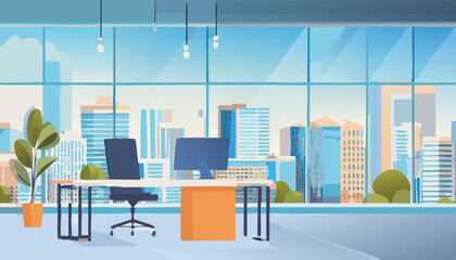 Empty no people modern office interior with furniture, pc laptop. Business coworking area. Vector illustration