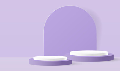 Paper cut of minimal scene with purple cylinder podium on purple background. Product display presentation, mock up, show cosmetic. geometric platform. Minimal scene.