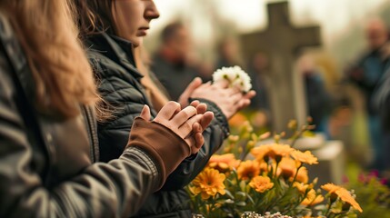 Group gathered at a graveside ceremony, holding flowers and clapping in a respectful gesture. The blurred background shows tombstones and greenery