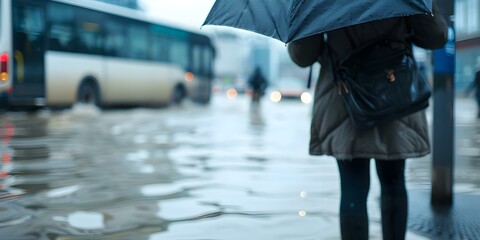 Obraz premium Taking Refuge at a Crowded Bus Stop During a City Flood. Concept Urban Flooding, Bus Stop, City Disruption, Emergency Shelter, Severe Weather