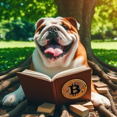 smiling bulldog dog, sitting under the tree, on a sunny day, enjoying the shade while reading a book with the bitcoin symbol on the cover