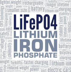 Obraz premium Lithium Iron Phosphate LiFePO4 word cloud conceptual design isolated on white background.