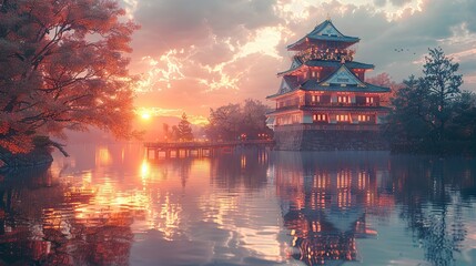 Obraz premium Twilight Serenity at Osaka Castle - A Majestic Evening View in Japan
