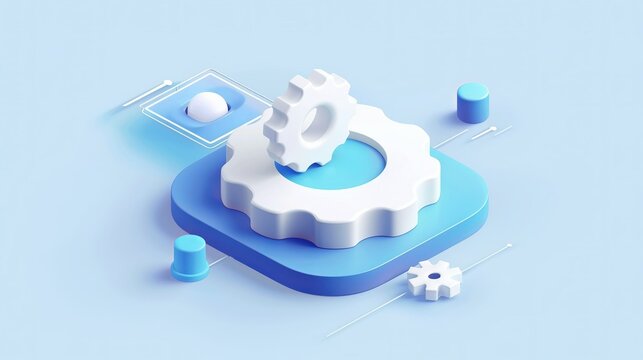 A blue and white image of a gear setting icon with a isometric design style
