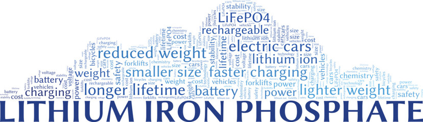 Lithium Iron Phosphate LiFePO4 word cloud conceptual design isolated on white background.