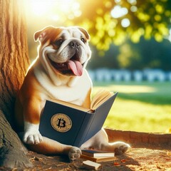 smiling bulldog dog, sitting under the tree, on a sunny day, enjoying the shade while reading a book with the bitcoin symbol on the cover