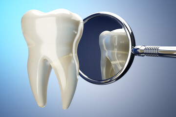 Dente e specchio dentale su sfondo trasparente, illustrazione 3d