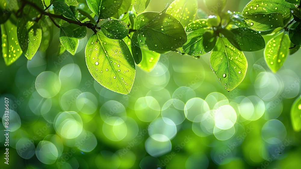 Poster a high-resolution image of a tree branch with water droplets on its leaves and the sun illuminating 
