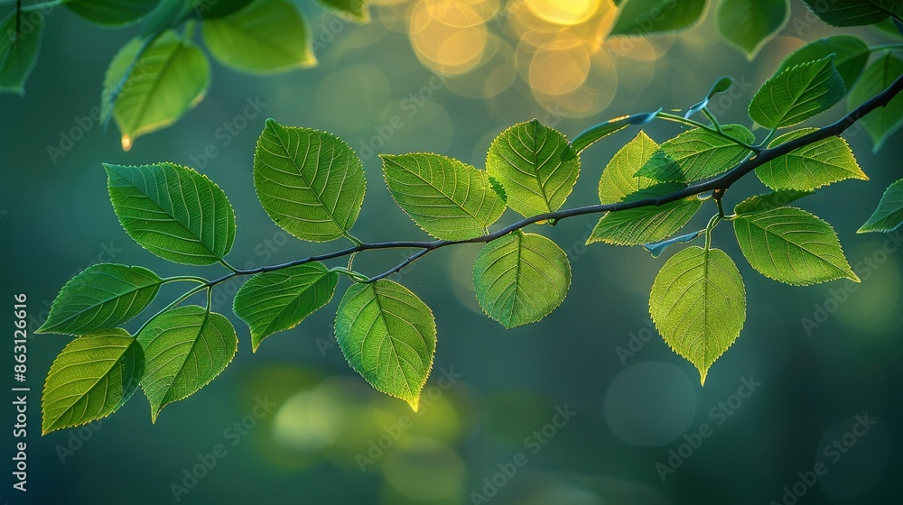 Aufkleber a tree branch with green leaves in the foreground and a backdrop of light in the background
