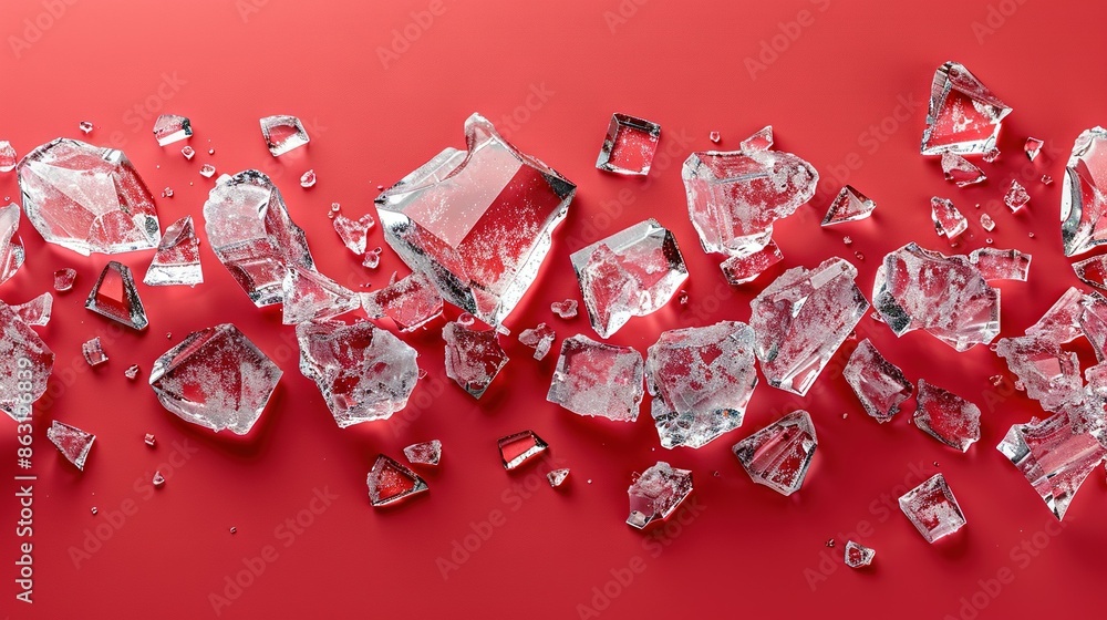 Poster an ice cube tower sits atop a red table alongside another stack of ice cubes