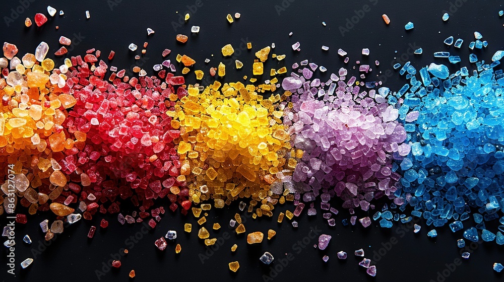 Poster a collection of varied-colored stones resting atop a dark background, surrounded by a spectrum of ti